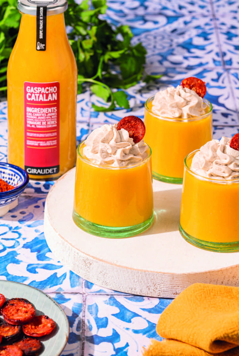 La recette du Gaspacho catalan, chantilly à l’ail noir et chips de chorizo avec GIRAUDET
